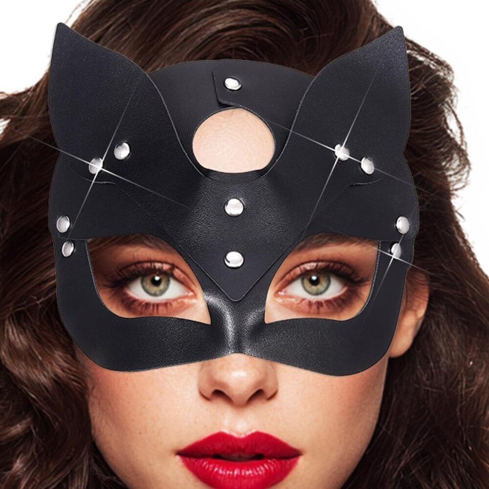 Leather Cat Mask Black Halloween Masquerade Cosplay Accessory for Women